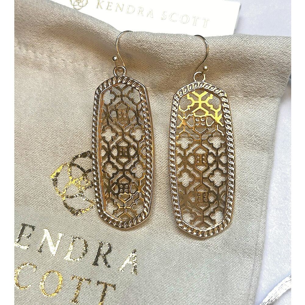 Kendra Scott Elle Drop Earrings 14K Gold Plated Over Brass Filigree Dust Bag New